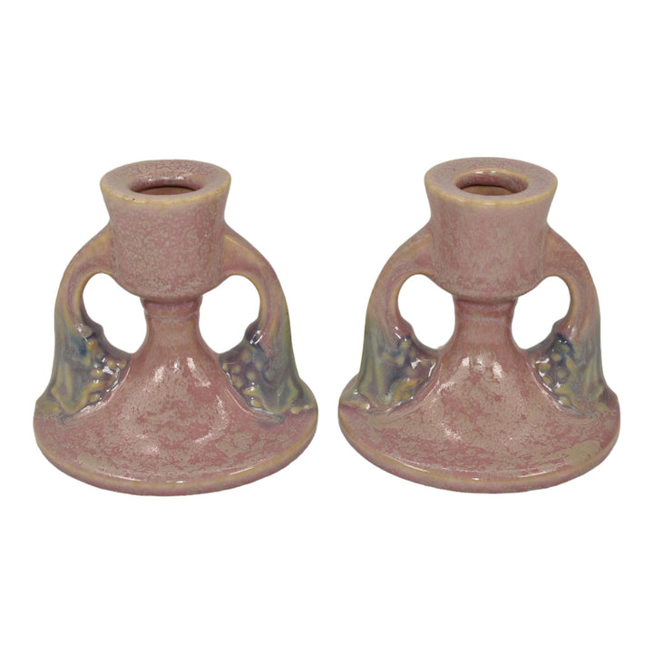 Roseville Tuscany Pink 1927 Vintage Art Deco Pottery Candle Holders 1066-3