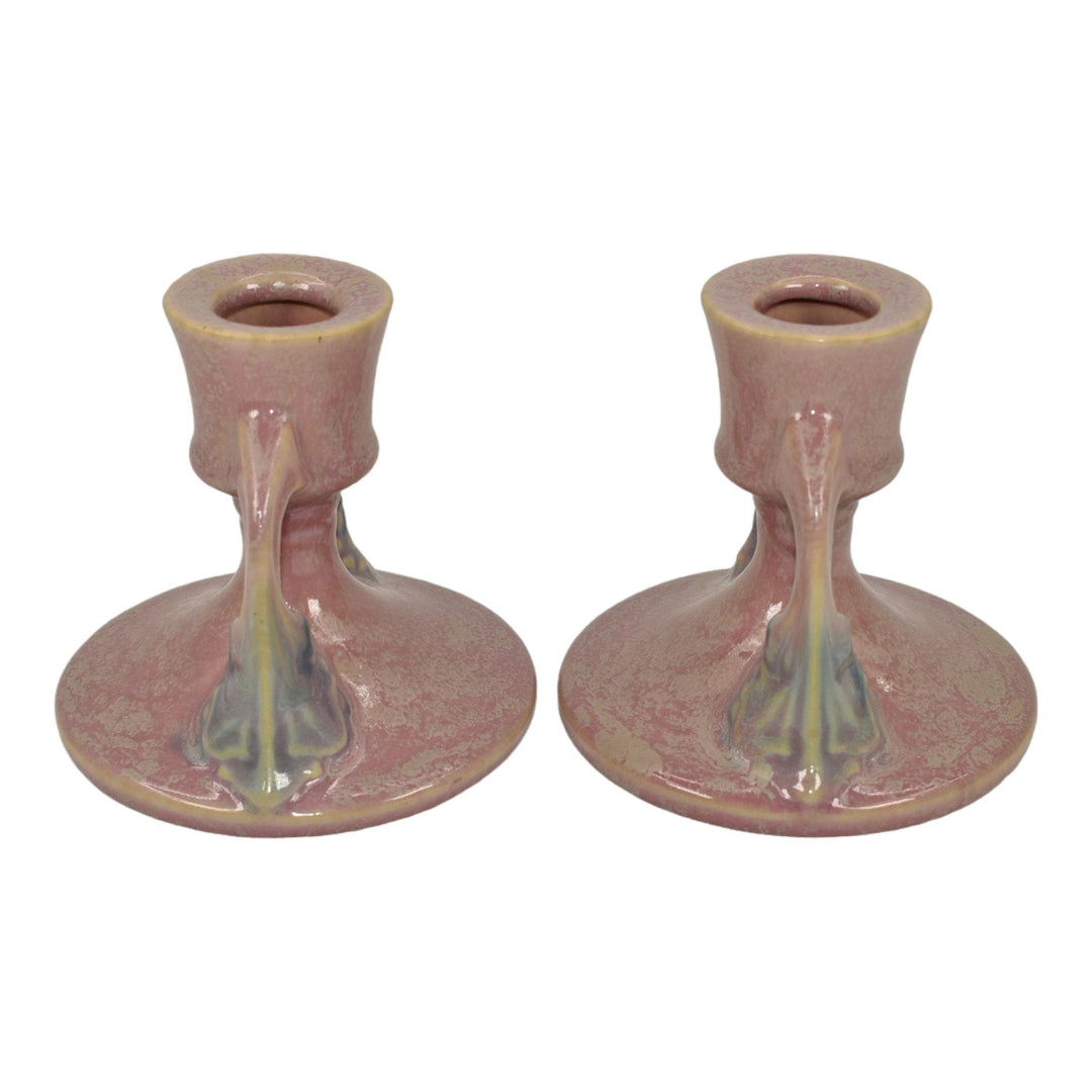 Roseville Tuscany Pink 1927 Vintage Art Deco Pottery Candle Holders 1066-3