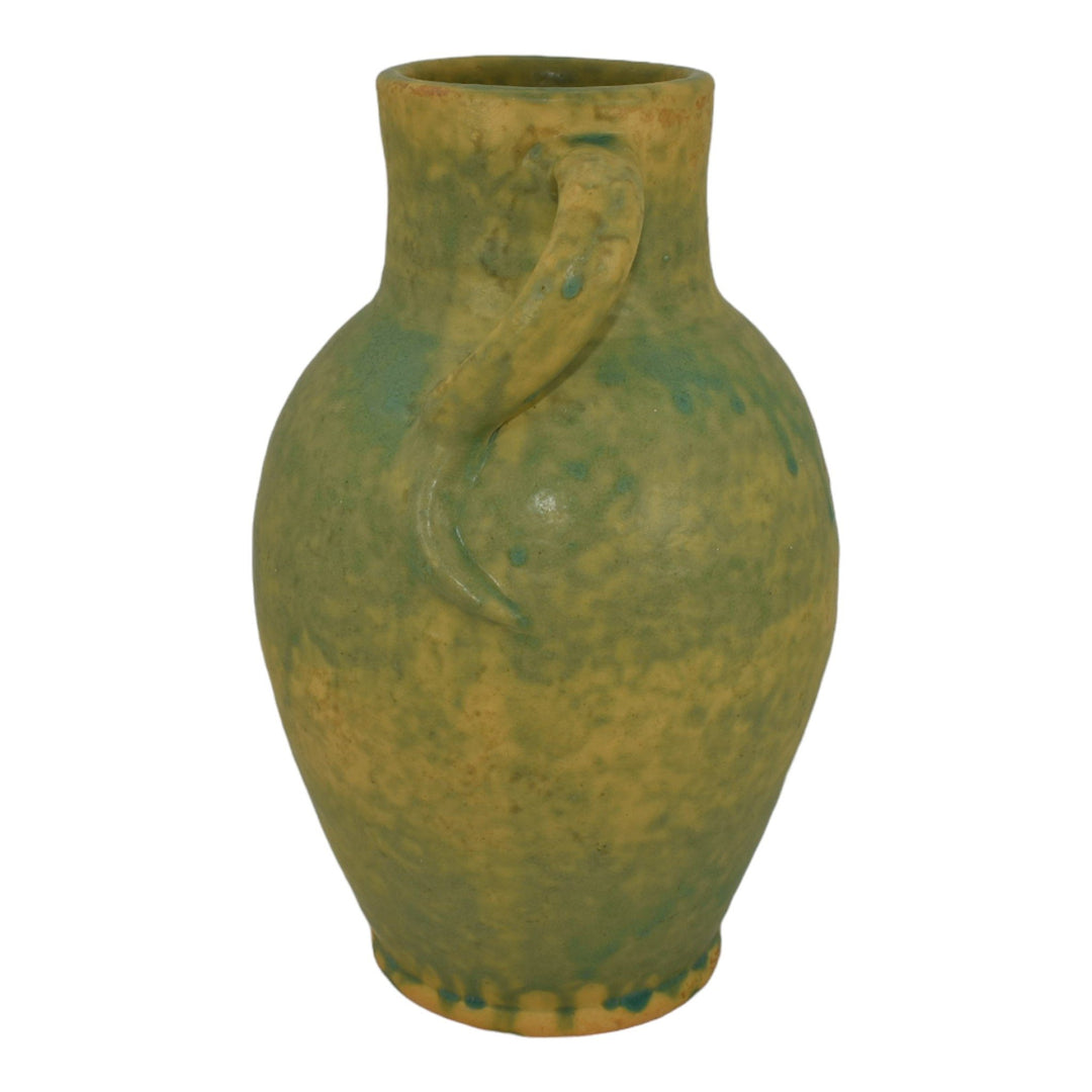 Weller Art Pottery Hand Thrown Green Glaze Variant Twisted Handle Ceramic Vase - Just Art Pottery