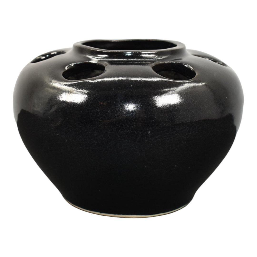 McCoy Mid Century Modern Pottery Black Reticulated Ceramic Flower Frog Bowl 624 - Just Art Pottery