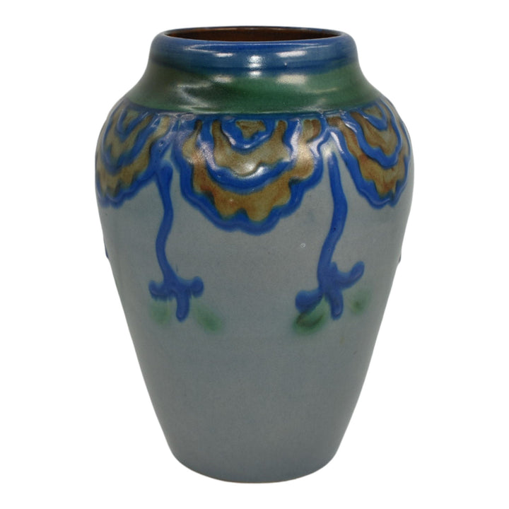 Upsala Ekeby Swedish Pottery Mid Century Modern Hand Painted Floral Blue Vase