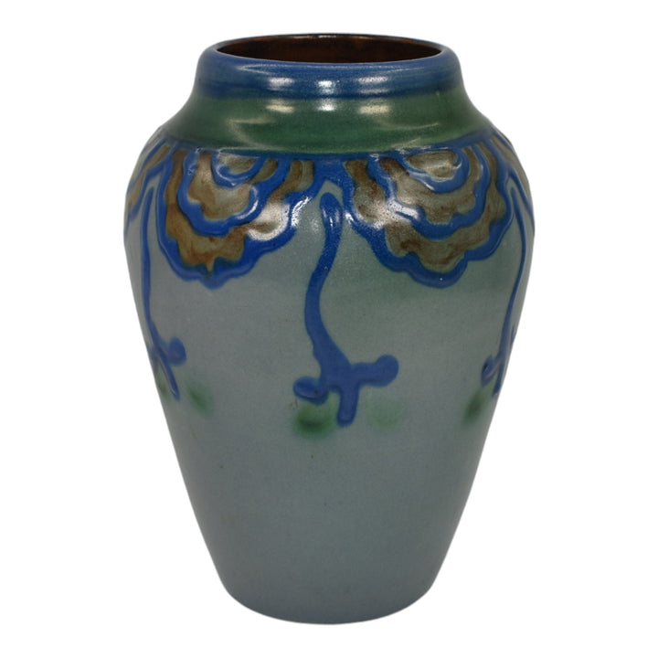 Upsala Ekeby Swedish Pottery Mid Century Modern Hand Painted Floral Blue Vase