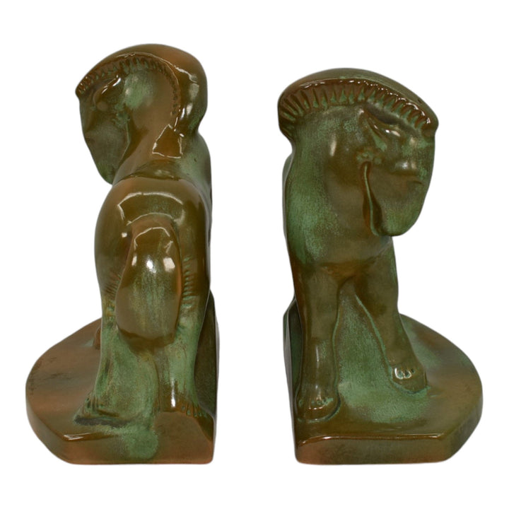 Frankoma Early 1940s Art Pottery Prairie Green Charger Horse Bookends 420 - Just Art Pottery