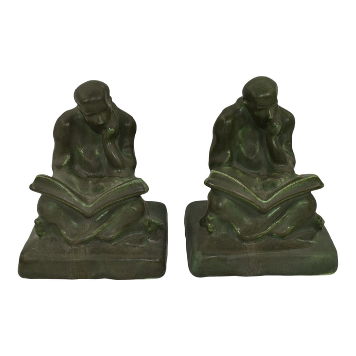 Cowan 1920s Vintage Art Pottery Matte Green Monk Man Ceramic Bookends 522