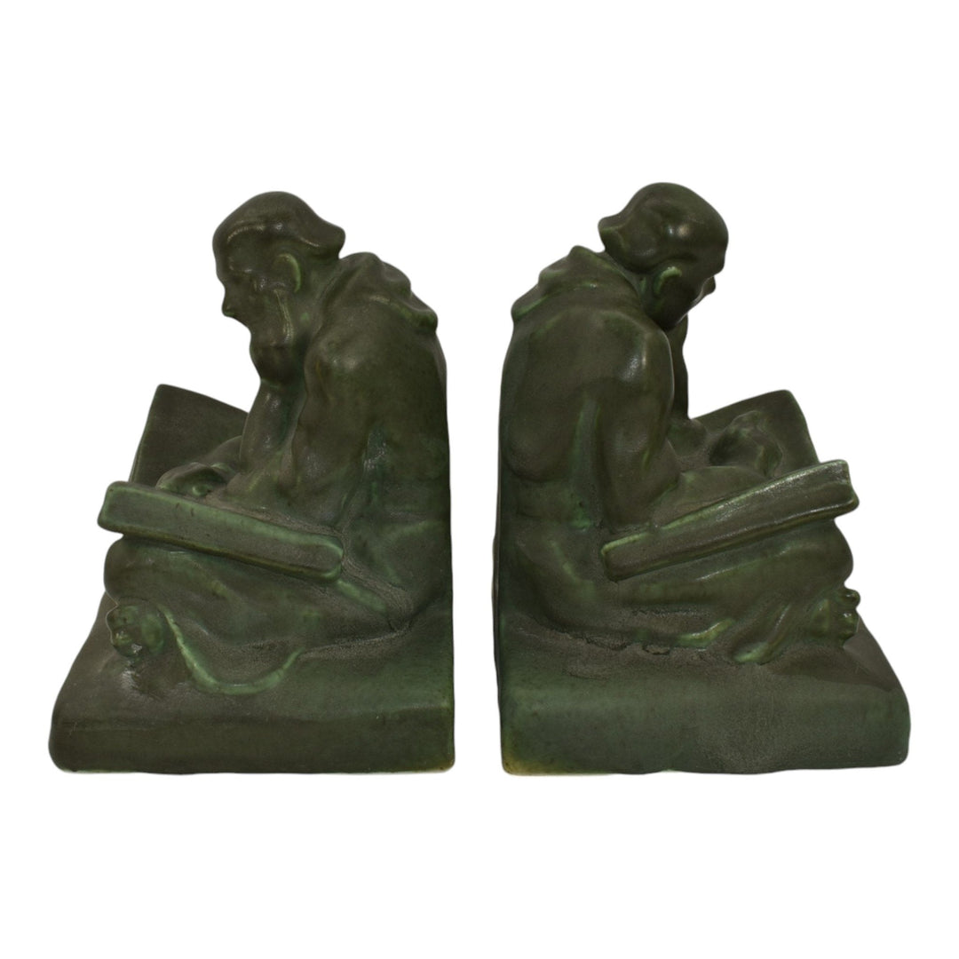 Cowan 1920s Vintage Art Pottery Matte Green Monk Man Ceramic Bookends 522