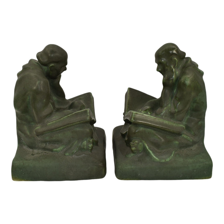 Cowan 1920s Vintage Art Pottery Matte Green Monk Man Ceramic Bookends 522