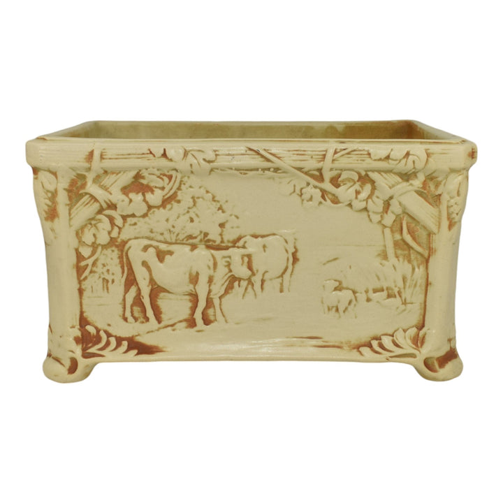 Weller Clinton Ivory Flemish 1914 Pottery Scenic Cows Ceramic Window Box Planter