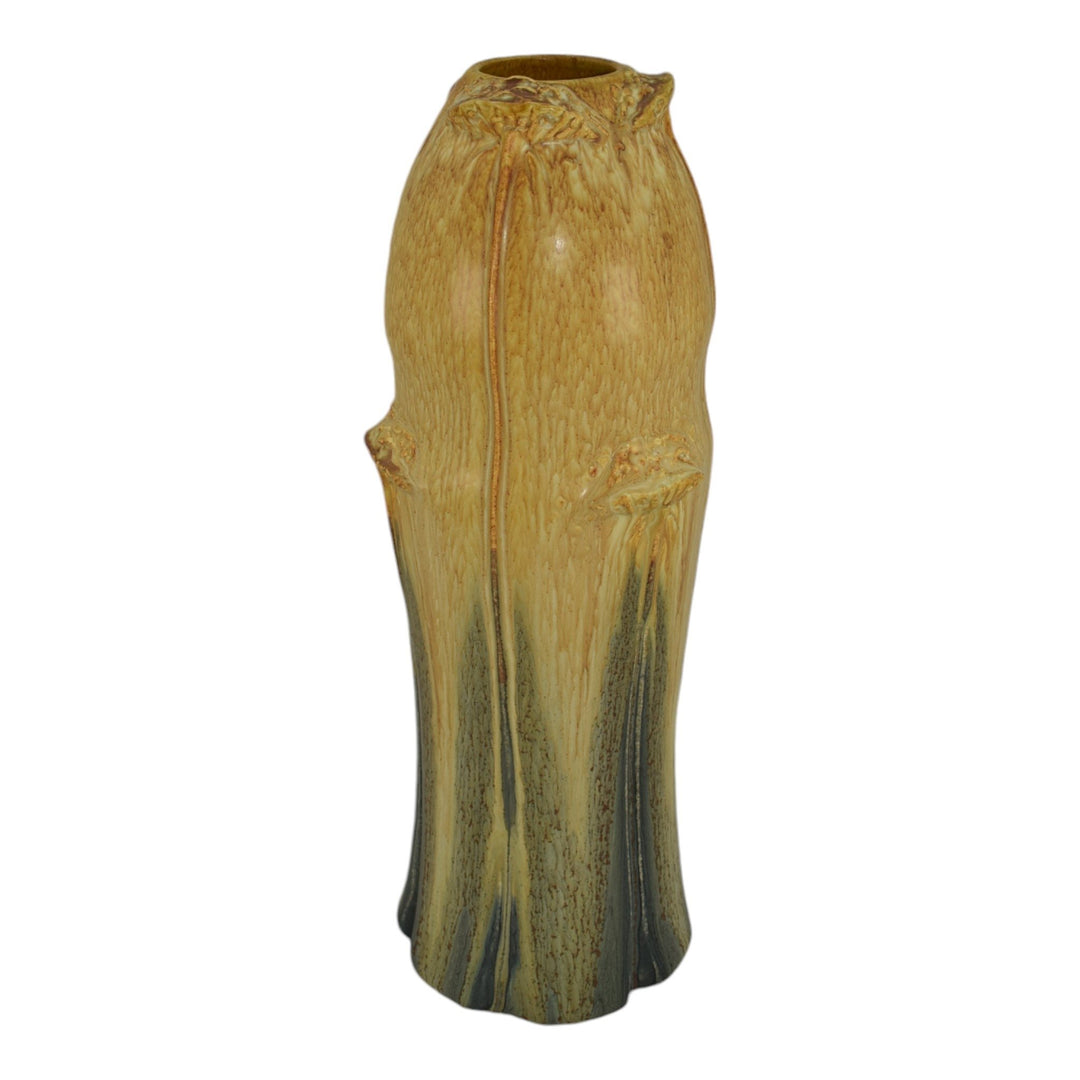 Ephraim Faience 2007 Hand Made Pottery Experimental Green Yellow Floral Vase - Just Art Pottery