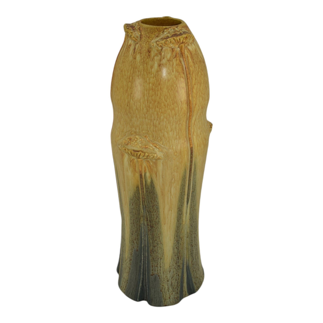 Ephraim Faience 2007 Hand Made Pottery Experimental Green Yellow Floral Vase - Just Art Pottery
