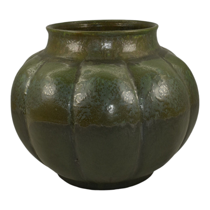 Ephraim Faience 2006 Hand Made Pottery Curdled Matte Green Lobed Ceramic Vase