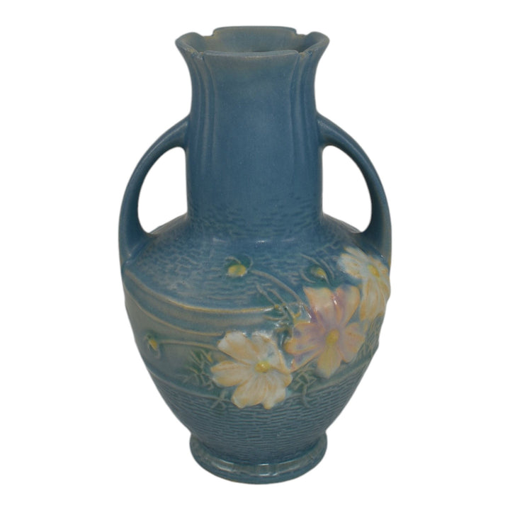 Roseville Cosmos Blue 1939 Vintage Art Pottery Handled Ceramic Flower Vase 946-6