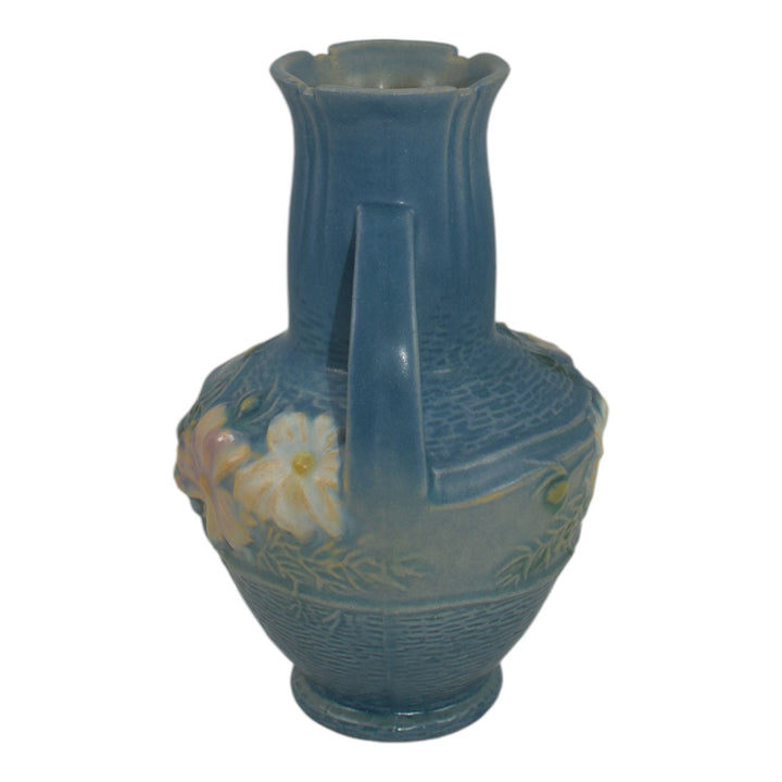 Roseville Cosmos Blue 1939 Vintage Art Pottery Handled Ceramic Flower Vase 946-6