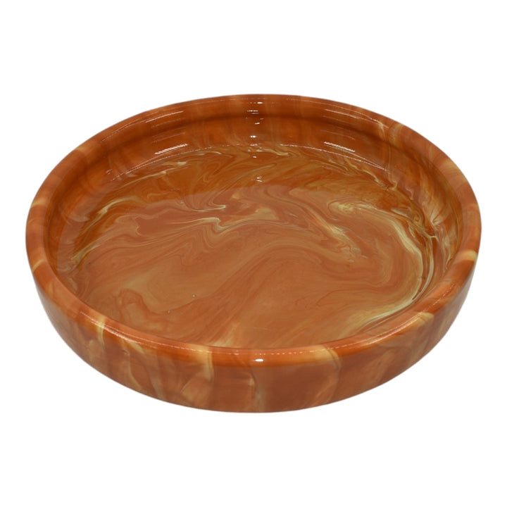 Weller Marbleized 1914 Vintage Pottery Orange Swirl Glaze Ceramic Footed Bowl - Just Art Pottery