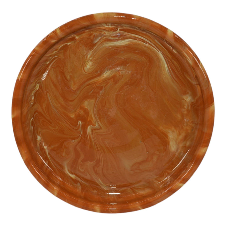 Weller Marbleized 1914 Vintage Pottery Orange Swirl Glaze Ceramic Footed Bowl - Just Art Pottery