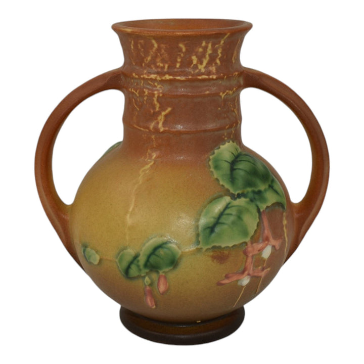 Roseville Fuchsia Brown 1938 Vintage Art Pottery Ceramic Handled Vase 891-6