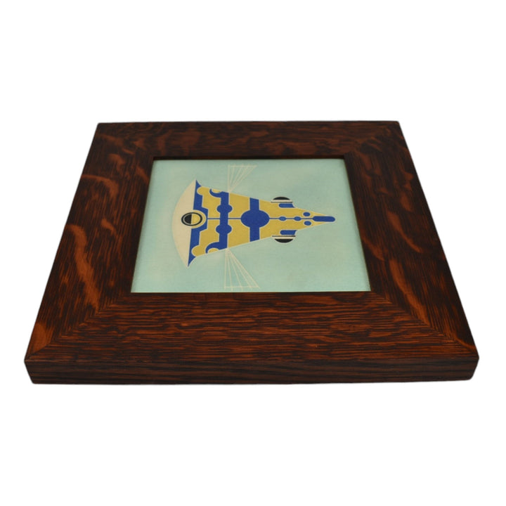 Motawi Tileworks Art Pottery Yellow Blue Cowfish Fish Framed Ceramic Wall Tile