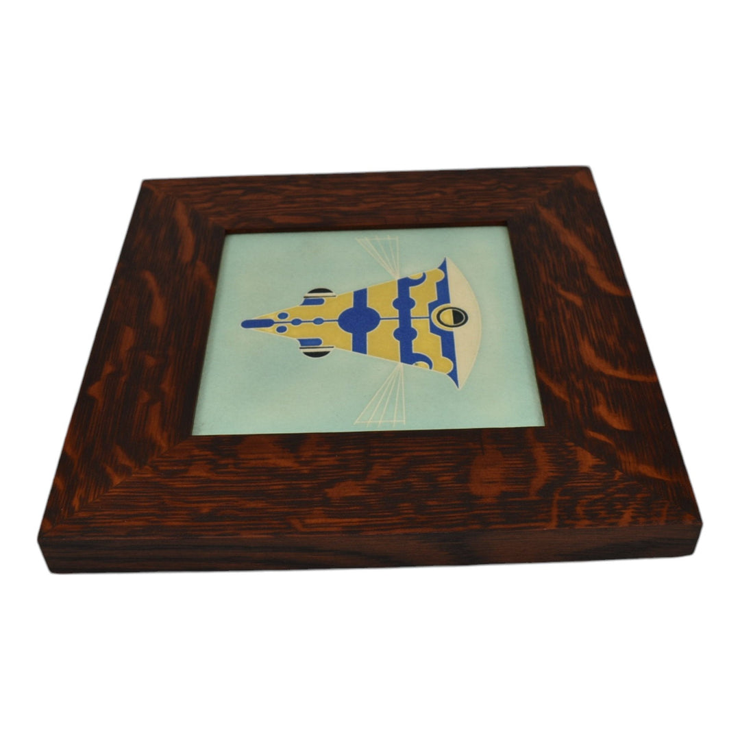 Motawi Tileworks Art Pottery Yellow Blue Cowfish Fish Framed Ceramic Wall Tile