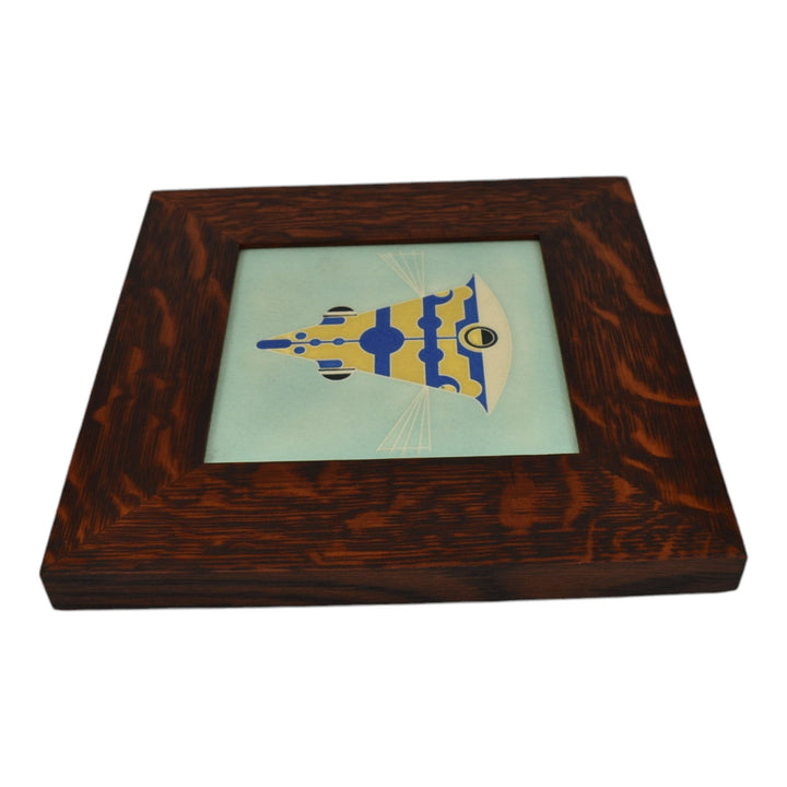 Motawi Tileworks Art Pottery Yellow Blue Cowfish Fish Framed Ceramic Wall Tile