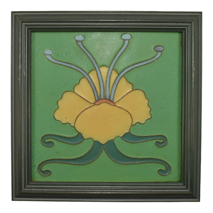 Van Briggle Art Pottery Yellow Water Lily Flower Green Ceramic Framed Tile