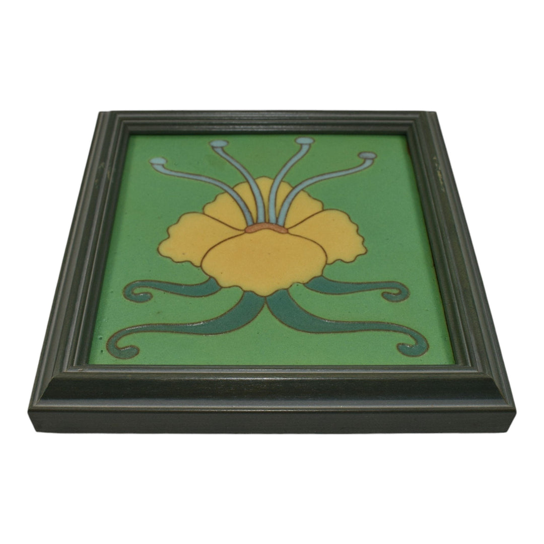 Van Briggle Art Pottery Yellow Water Lily Flower Green Ceramic Framed Tile