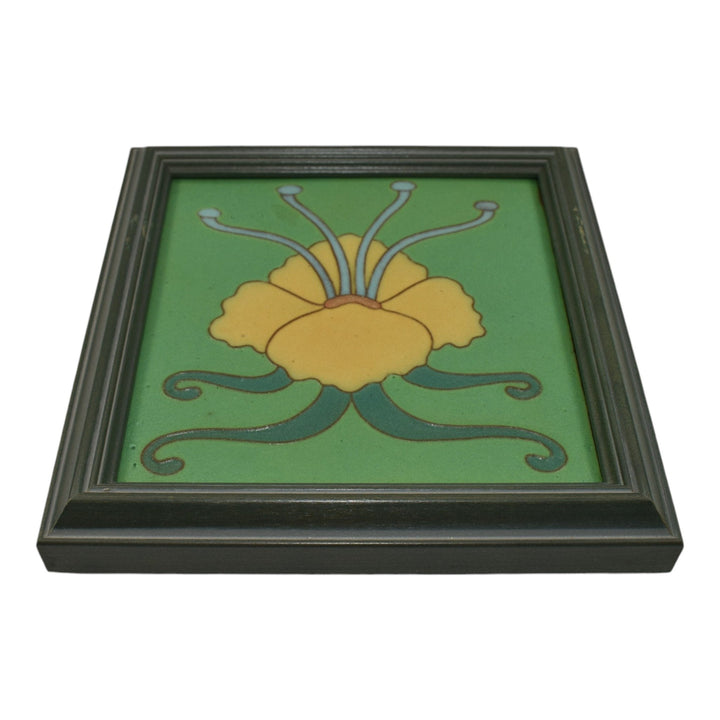 Van Briggle Art Pottery Yellow Water Lily Flower Green Ceramic Framed Tile