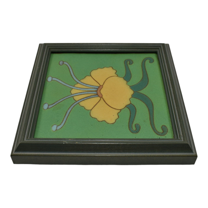 Van Briggle Art Pottery Yellow Water Lily Flower Green Ceramic Framed Tile