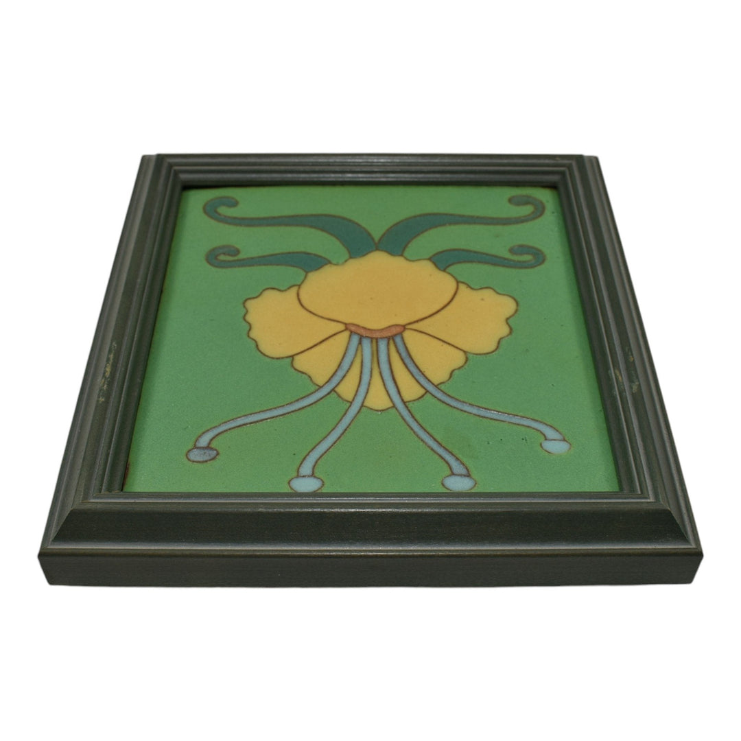 Van Briggle Art Pottery Yellow Water Lily Flower Green Ceramic Framed Tile