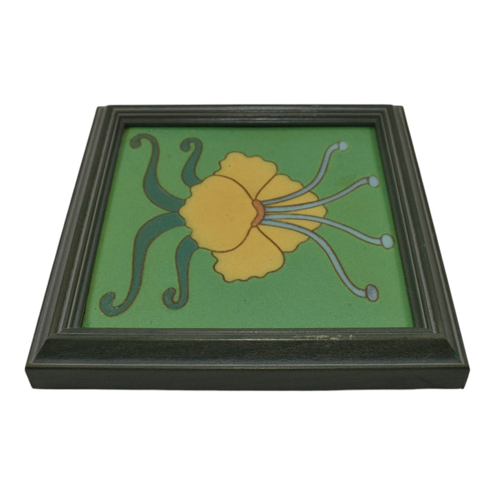 Van Briggle Art Pottery Yellow Water Lily Flower Green Ceramic Framed Tile