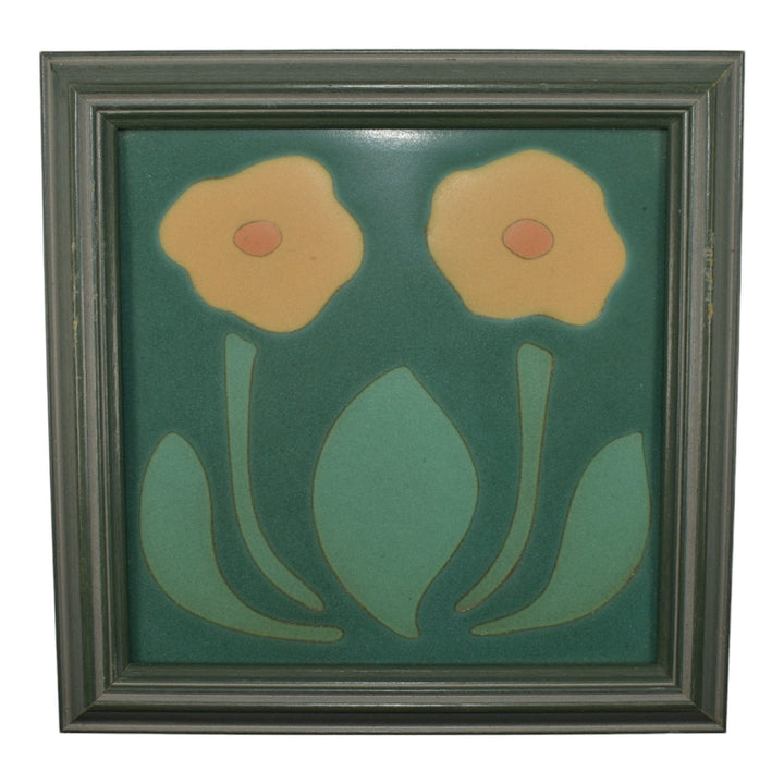 Van Briggle Art Pottery Yellow Poppy Flower Green Ceramic Framed Tile