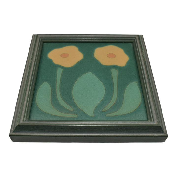 Van Briggle Art Pottery Yellow Poppy Flower Green Ceramic Framed Tile