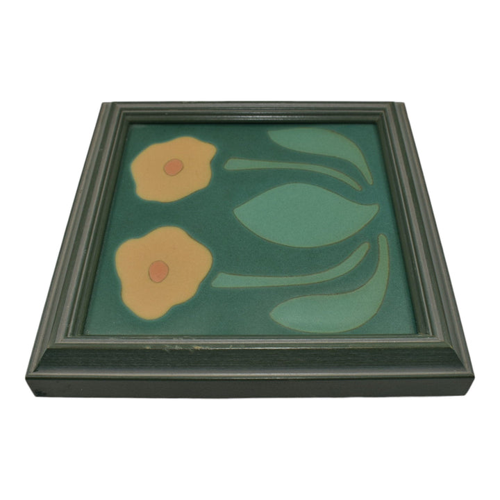 Van Briggle Art Pottery Yellow Poppy Flower Green Ceramic Framed Tile