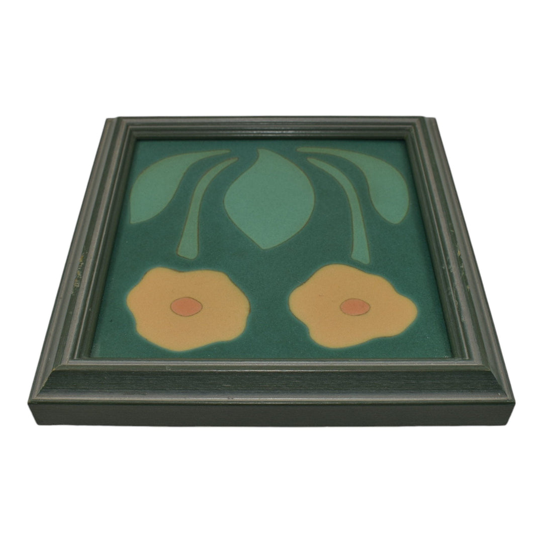 Van Briggle Art Pottery Yellow Poppy Flower Green Ceramic Framed Tile