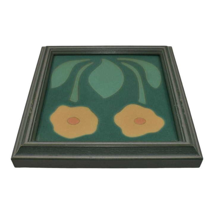 Van Briggle Art Pottery Yellow Poppy Flower Green Ceramic Framed Tile