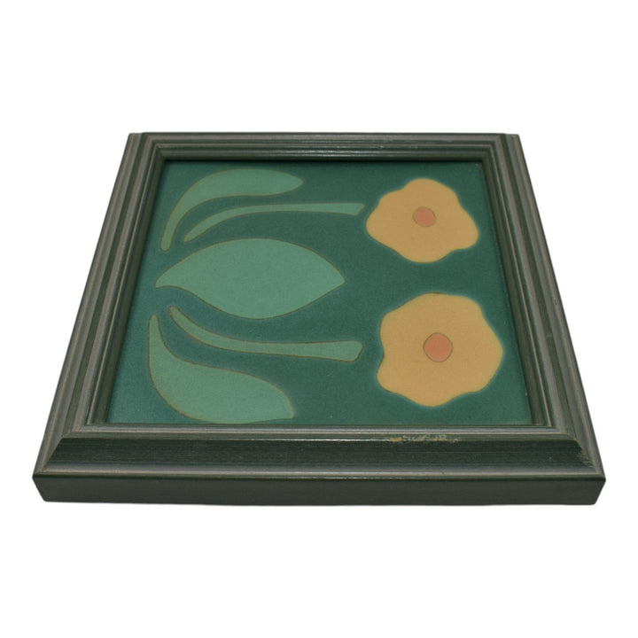 Van Briggle Art Pottery Yellow Poppy Flower Green Ceramic Framed Tile