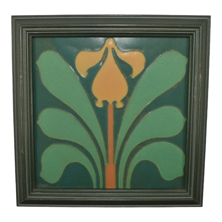 Van Briggle Art Pottery Yellow Orchid Flower Green Ceramic Framed Tile