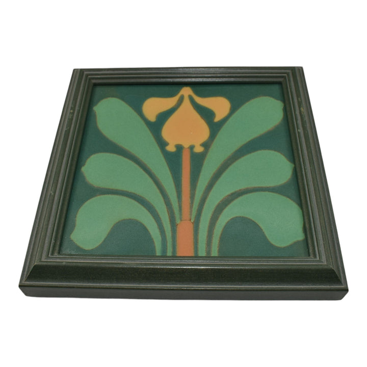 Van Briggle Art Pottery Yellow Orchid Flower Green Ceramic Framed Tile