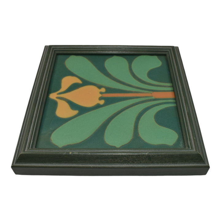 Van Briggle Art Pottery Yellow Orchid Flower Green Ceramic Framed Tile