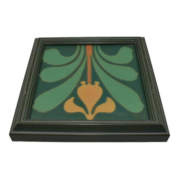 Van Briggle Art Pottery Yellow Orchid Flower Green Ceramic Framed Tile