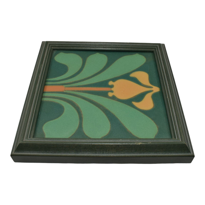 Van Briggle Art Pottery Yellow Orchid Flower Green Ceramic Framed Tile