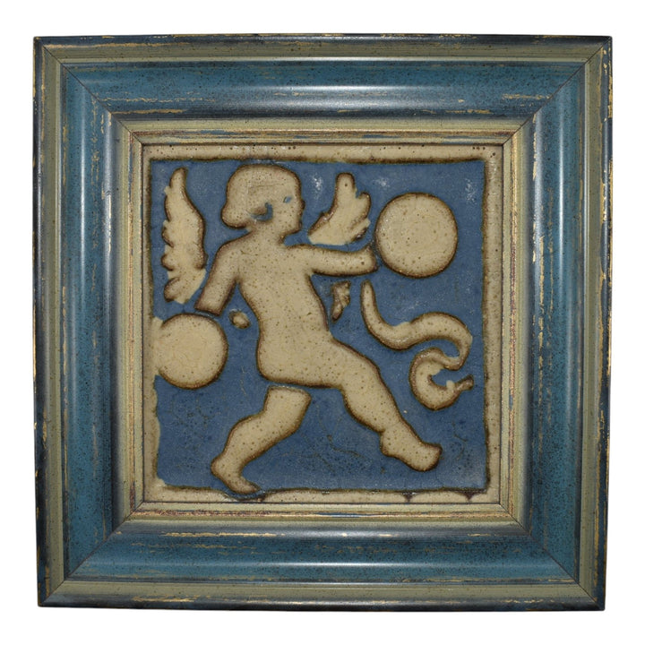 Grueby Vintage Art Pottery Cherub Angel Blue Ceramic Wall Art Tile 664