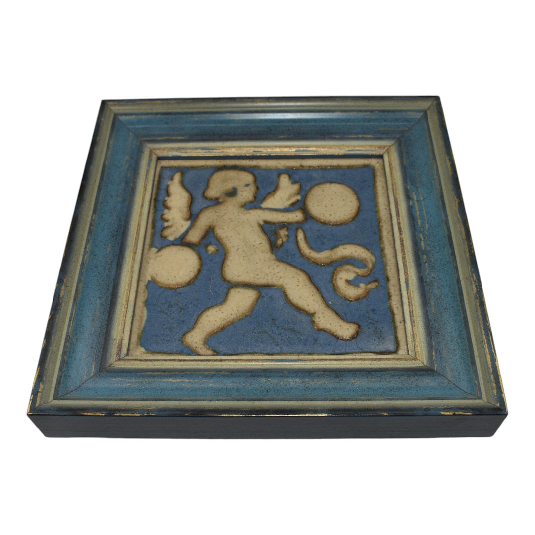 Grueby Vintage Art Pottery Cherub Angel Blue Ceramic Wall Art Tile 664