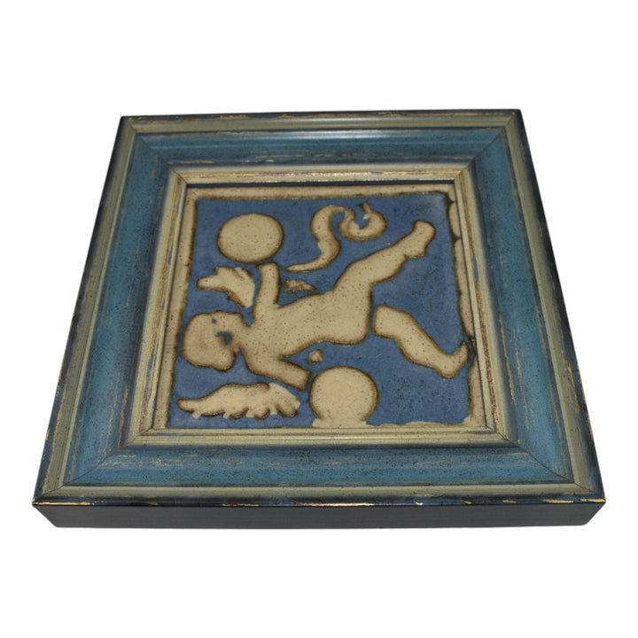 Grueby Vintage Art Pottery Cherub Angel Blue Ceramic Wall Art Tile 664