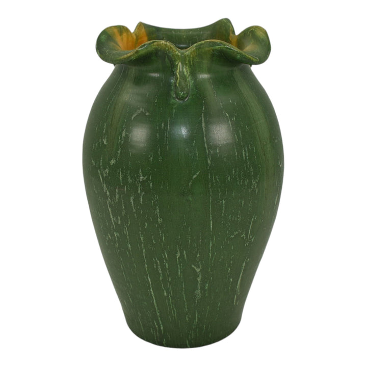 Ephraim Faience 1999 Hand Made Art Pottery Morning Glory Matte Green Vase 828