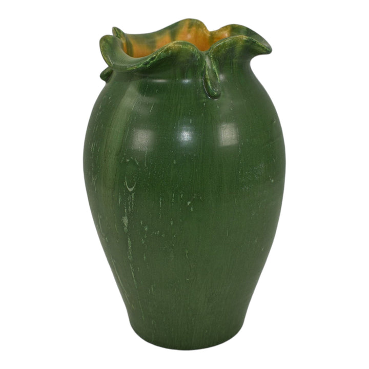 Ephraim Faience 1999 Hand Made Art Pottery Morning Glory Matte Green Vase 828