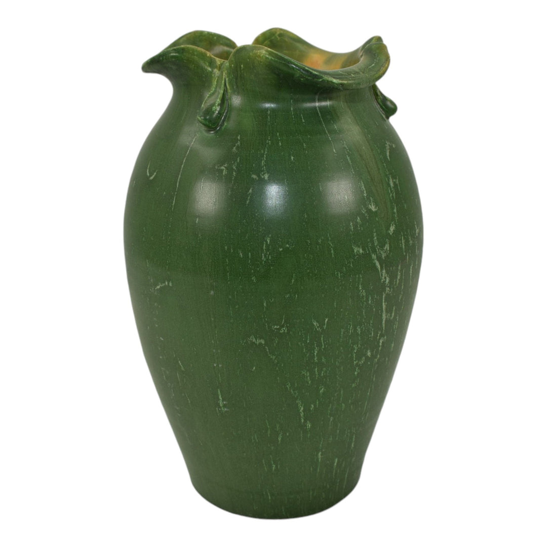 Ephraim Faience 1999 Hand Made Art Pottery Morning Glory Matte Green Vase 828