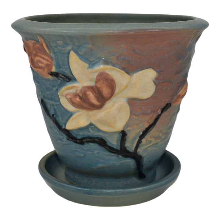 Roseville Magnolia Blue 1943 Vintage Art Pottery Flower Pot Planter Saucer 666-5