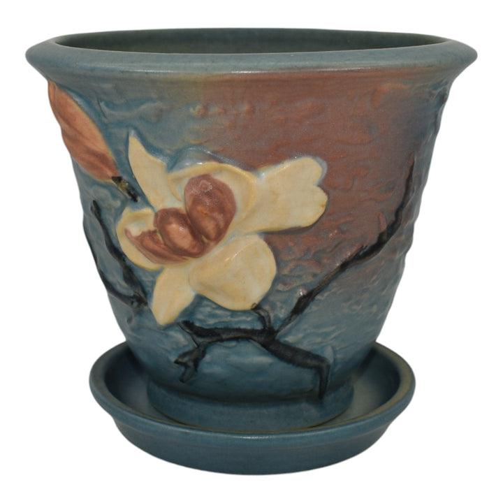 Roseville Magnolia Blue 1943 Vintage Art Pottery Flower Pot Planter Saucer 666-5