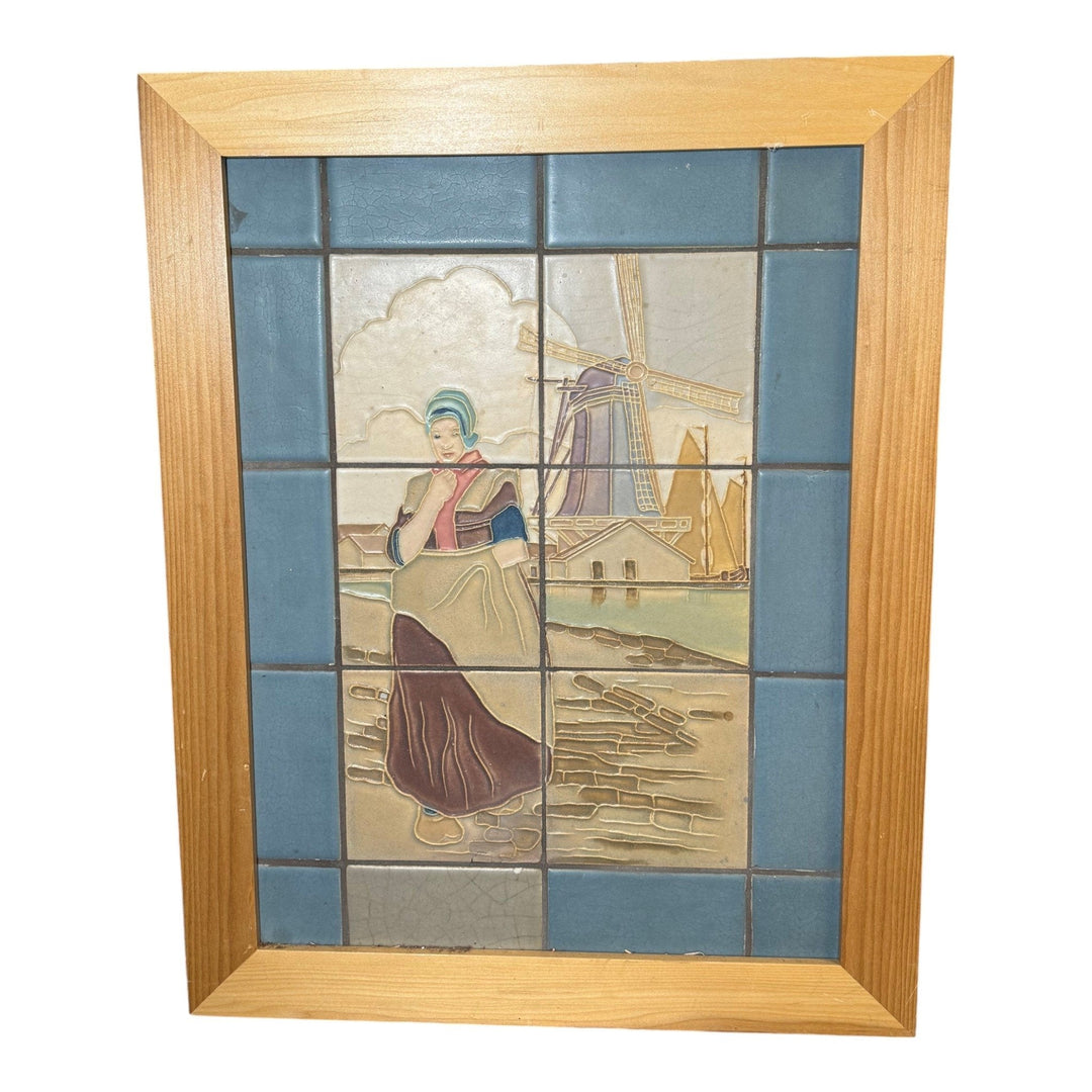 Rookwood Faience Art Pottery Blue Dutch Windmill Girl Scenic Tableau Framed Tile