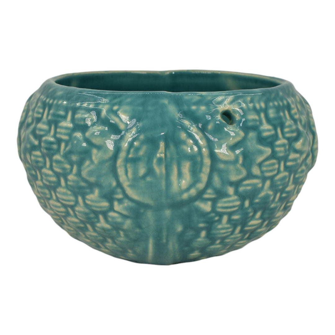 McCoy 1932 Art Pottery Blue Embossed Basketweave Hanging Basket Planter 296 - Just Art Pottery