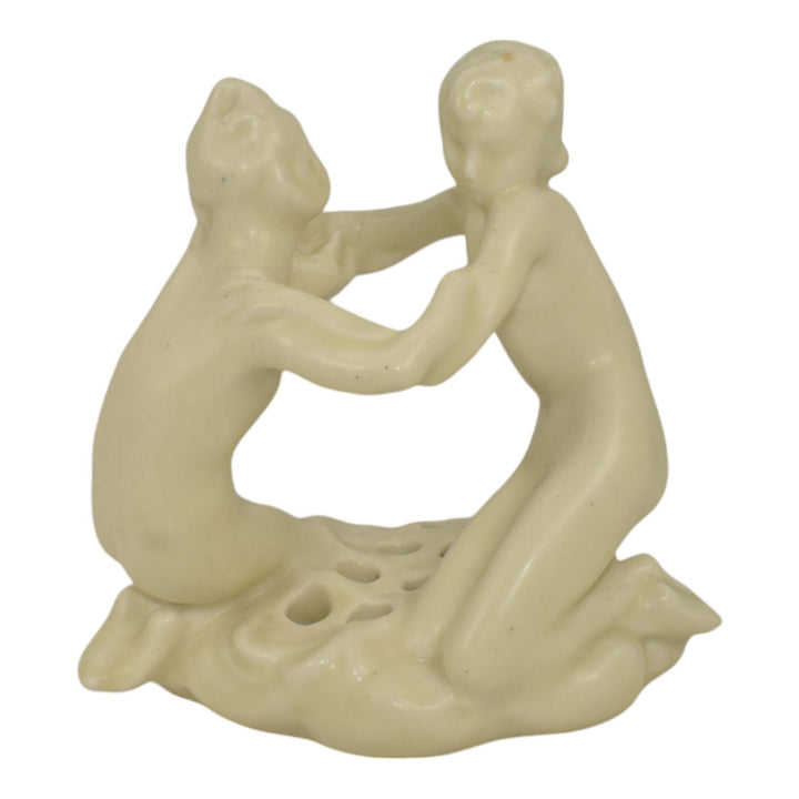 Rookwood 1927 Vintage Art Pottery Women Embracing White Ceramic Flower Frog 2338